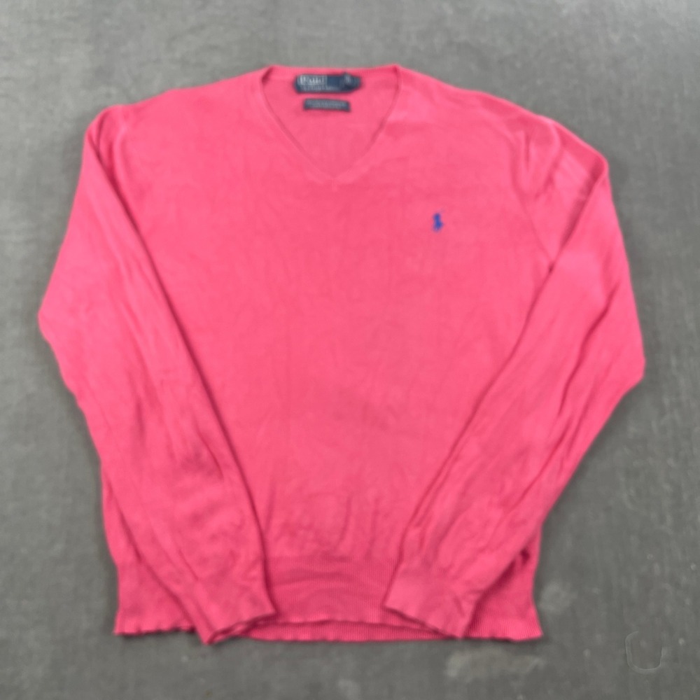 Polo Ralph Lauren Mens Medium Pink V-Neck Sweater Pima Cotton Logo